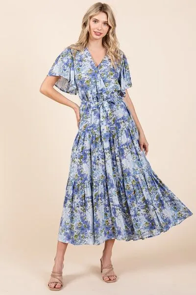 Floral Tie Waist Flutter Sleeve Tiered Dress