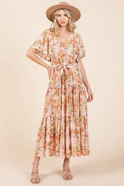 Floral Tie Waist Flutter Sleeve Tiered Dress