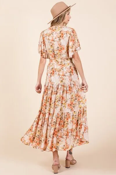 Floral Tie Waist Flutter Sleeve Tiered Dress