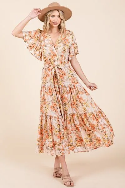 Floral Tie Waist Flutter Sleeve Tiered Dress