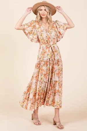 Floral Tie Waist Flutter Sleeve Tiered Dress