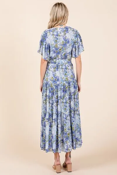Floral Tie Waist Flutter Sleeve Tiered Dress