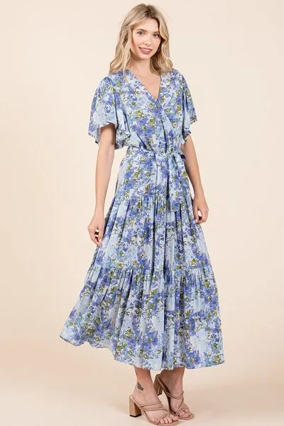Floral Tie Waist Flutter Sleeve Tiered Dress