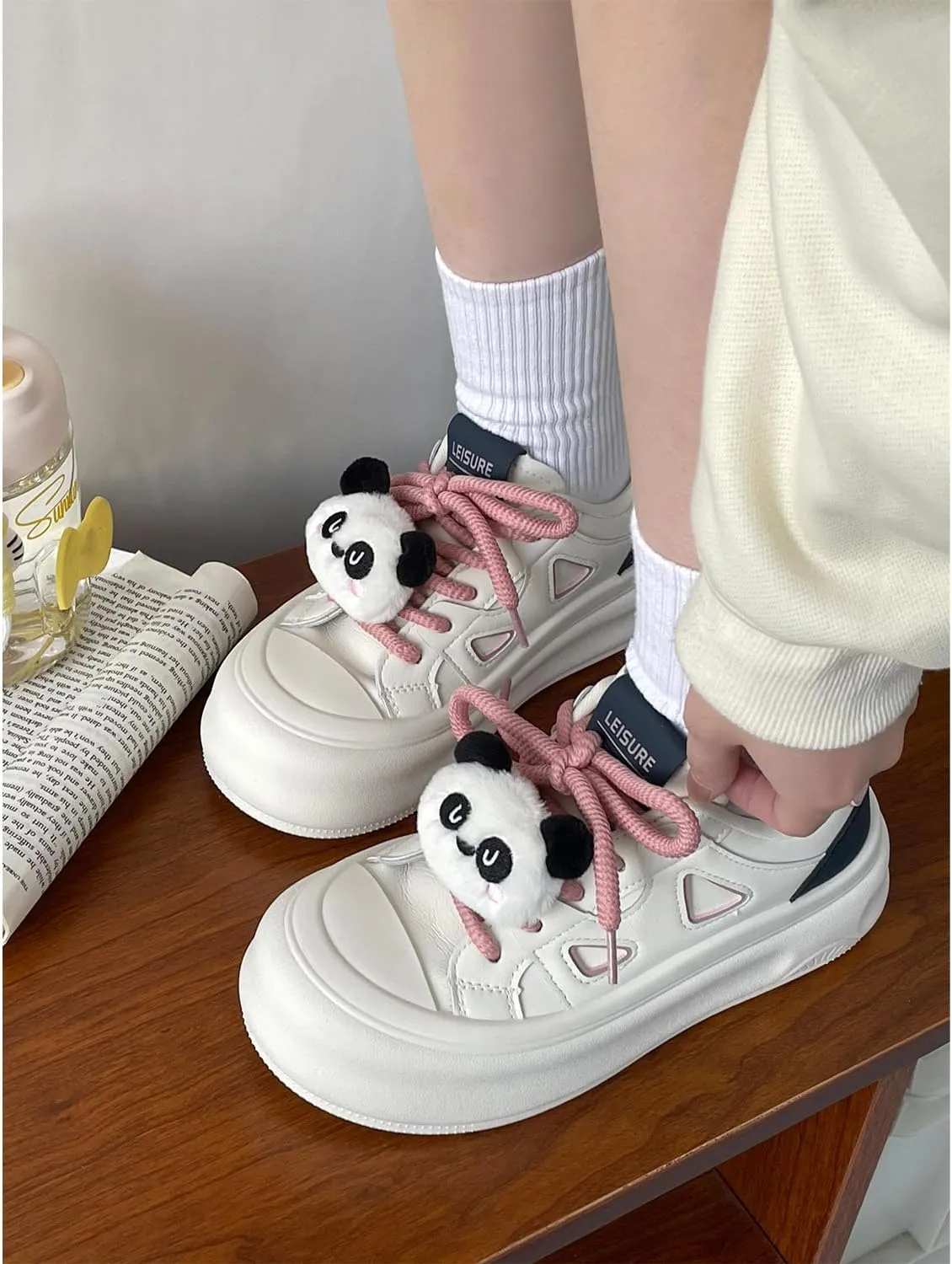 Geerta Cute Platform Shoes - Fluffy Bear Piggy Panda Charms Thick Sole Chunky Cookie Sneaker Womens Kawaii Retro Elevated Lug White Trainer for Girl Y2K Casual School Summer Beach Travel