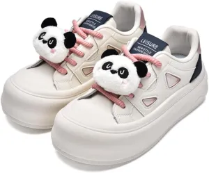 Geerta Cute Platform Shoes - Fluffy Bear Piggy Panda Charms Thick Sole Chunky Cookie Sneaker Womens Kawaii Retro Elevated Lug White Trainer for Girl Y2K Casual School Summer Beach Travel