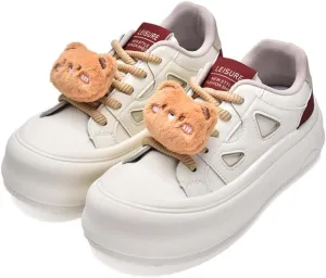 Geerta Cute Platform Shoes - Fluffy Bear Piggy Panda Charms Thick Sole Chunky Cookie Sneaker Womens Kawaii Retro Elevated Lug White Trainer for Girl Y2K Casual School Summer Beach Travel