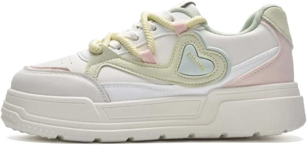 Geerta Cute Shoes - Thick Sole Pretty Pastel White Chunky Platform Sneaker Kawaii Love Heart Y2K Colorful Aesthetic Elevated Trainer for Women Girl Casual School Summer Beach Travel