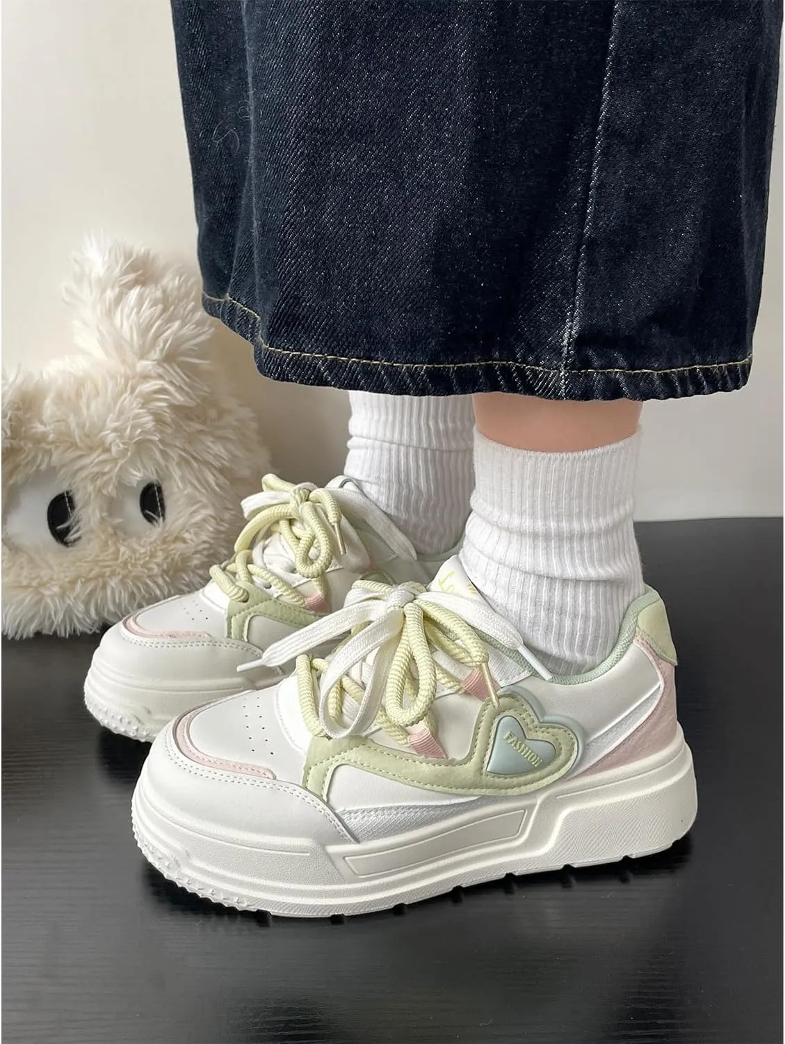 Geerta Cute Shoes - Thick Sole Pretty Pastel White Chunky Platform Sneaker Kawaii Love Heart Y2K Colorful Aesthetic Elevated Trainer for Women Girl Casual School Summer Beach Travel