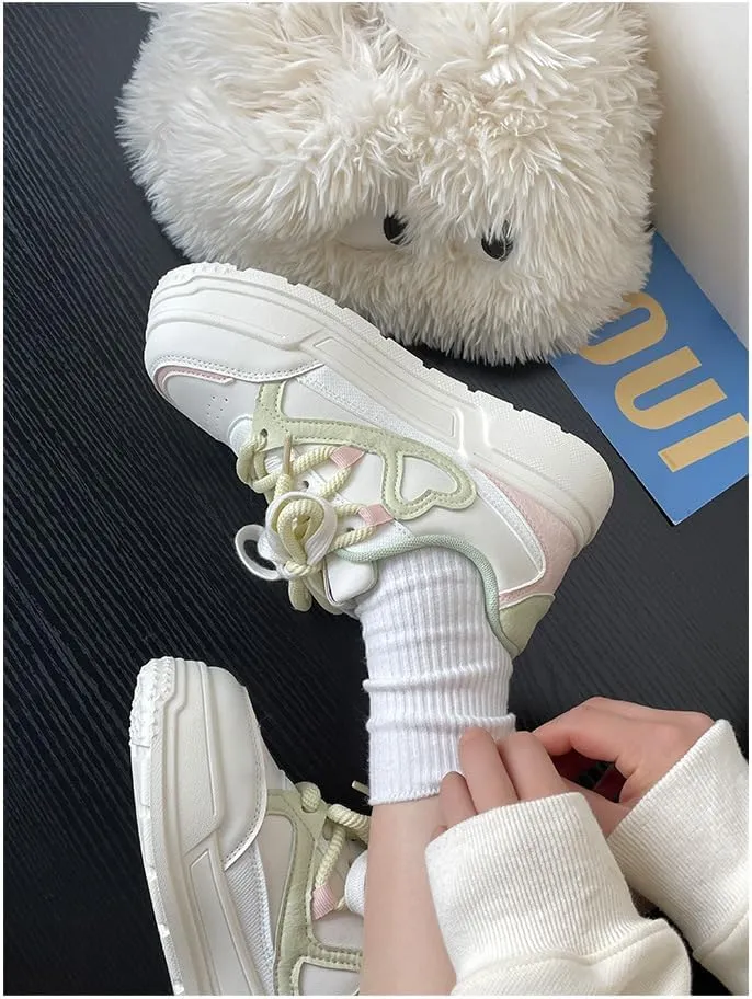 Geerta Cute Shoes - Thick Sole Pretty Pastel White Chunky Platform Sneaker Kawaii Love Heart Y2K Colorful Aesthetic Elevated Trainer for Women Girl Casual School Summer Beach Travel