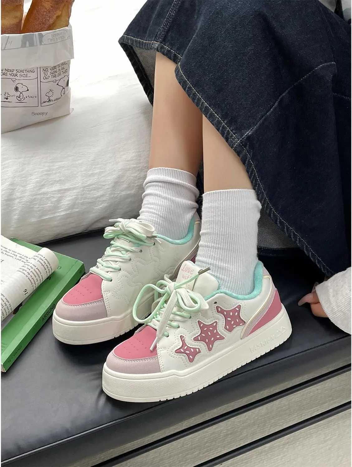Geerta Y2K Star Shoes  Cute Walking Sneakers for Women Girls Thick Chunky Sole Platform White Premium Lining Everyday Casual School Summer Beach Travel Japanese Pretty Pastel Aesthetic