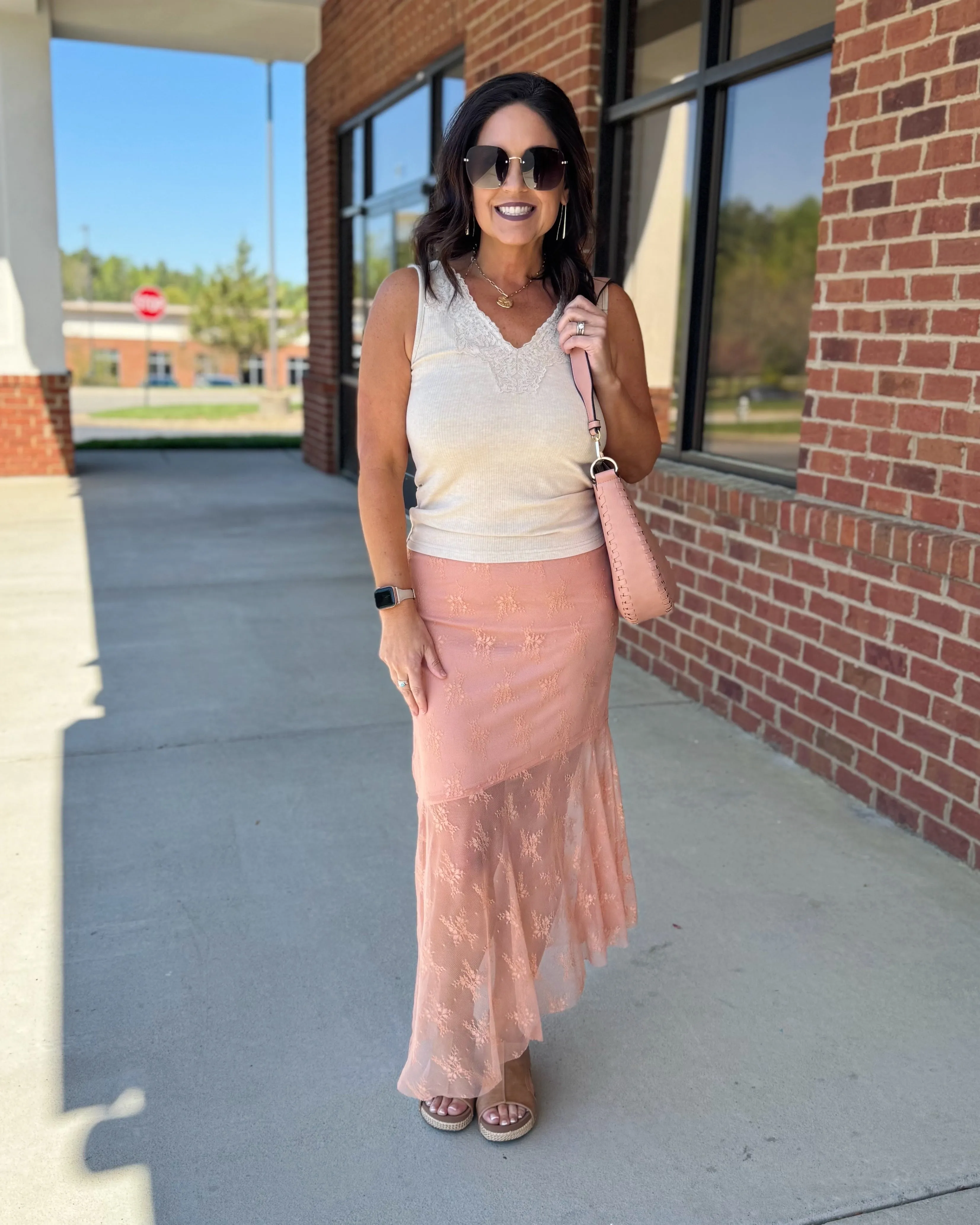 Grayson Asymmetrical Midi Skirt in Coral