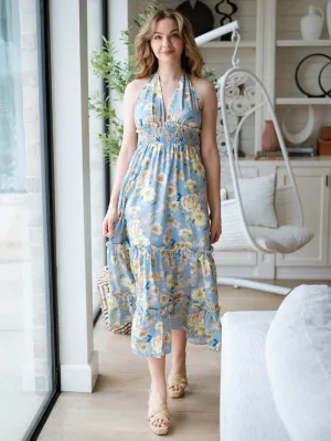 In Bloom Halter Midi Dress - Blue