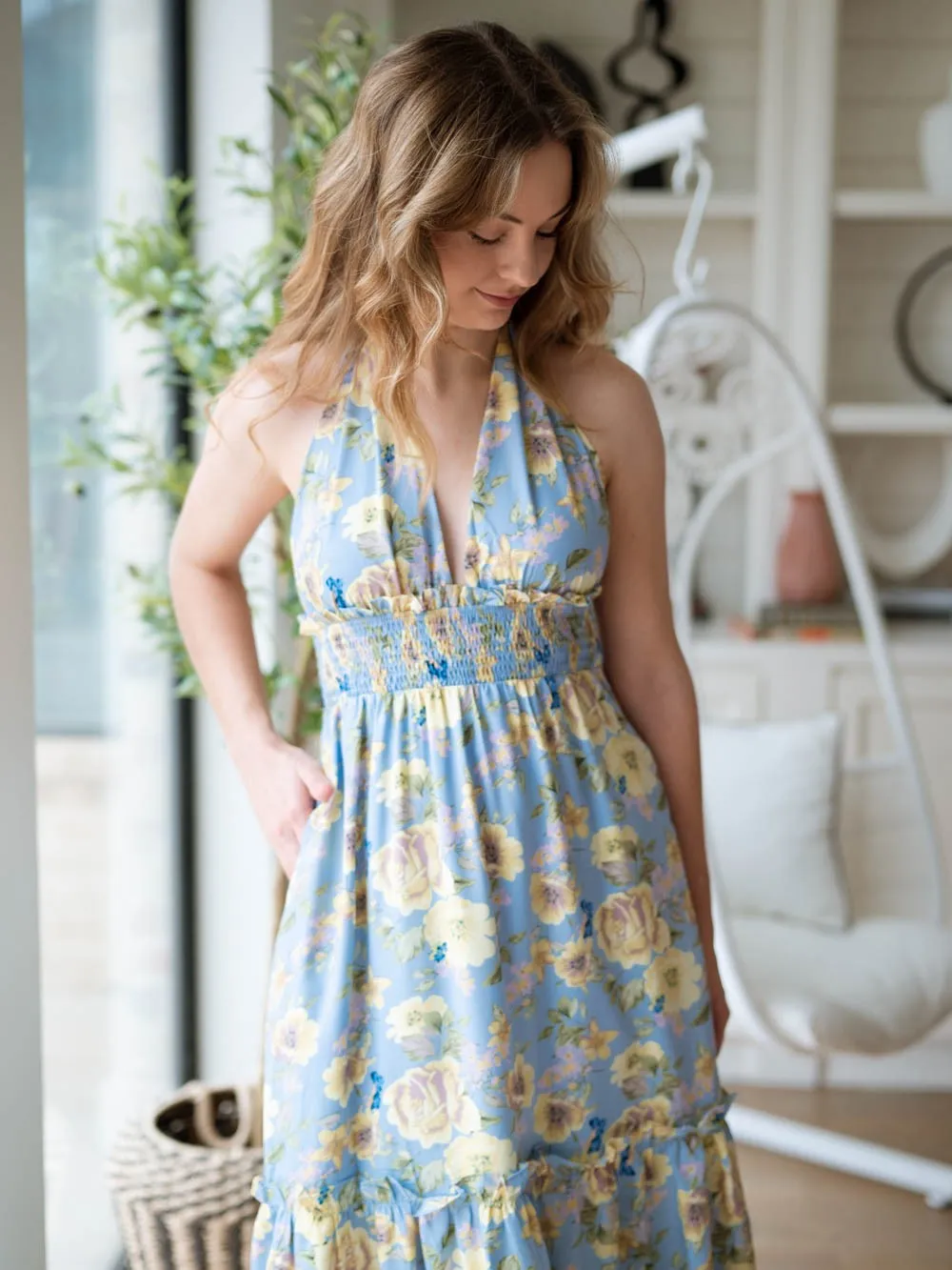 In Bloom Halter Midi Dress - Blue