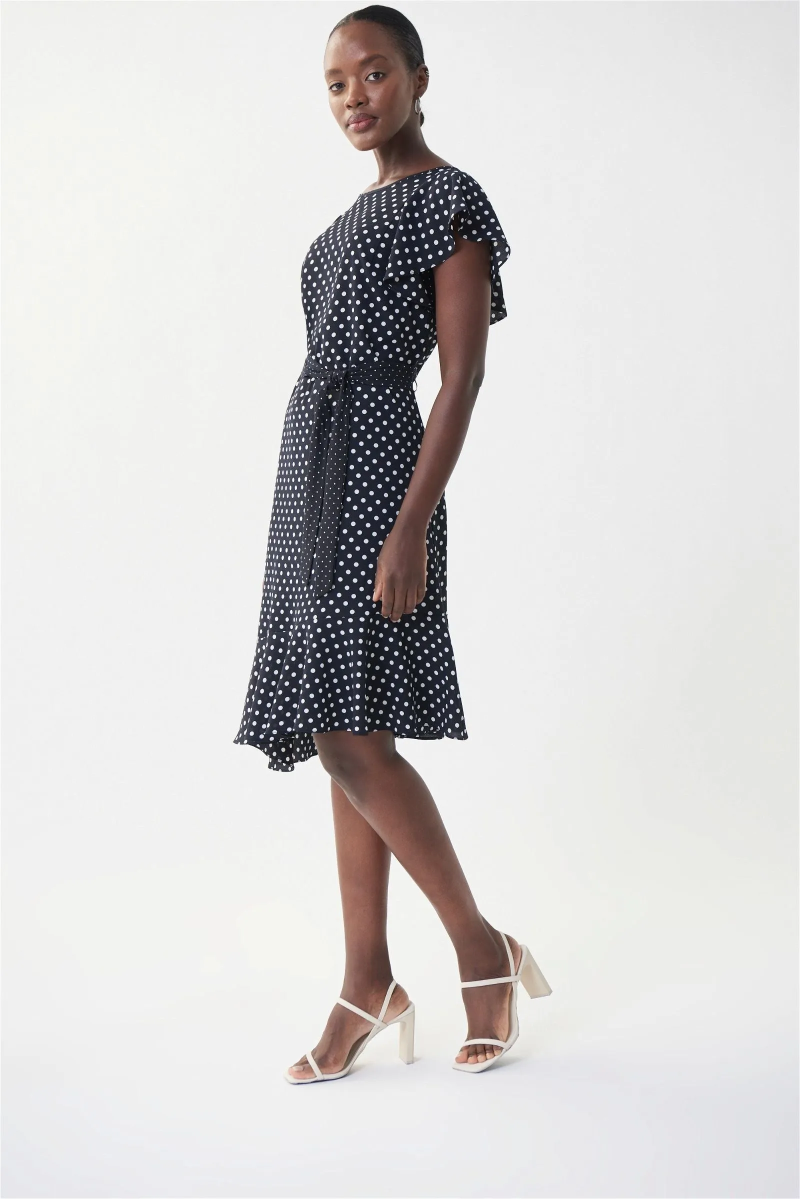 Joseph Ribkoff Midnight Vanilla Dot & Ruffle Dress Style 222212