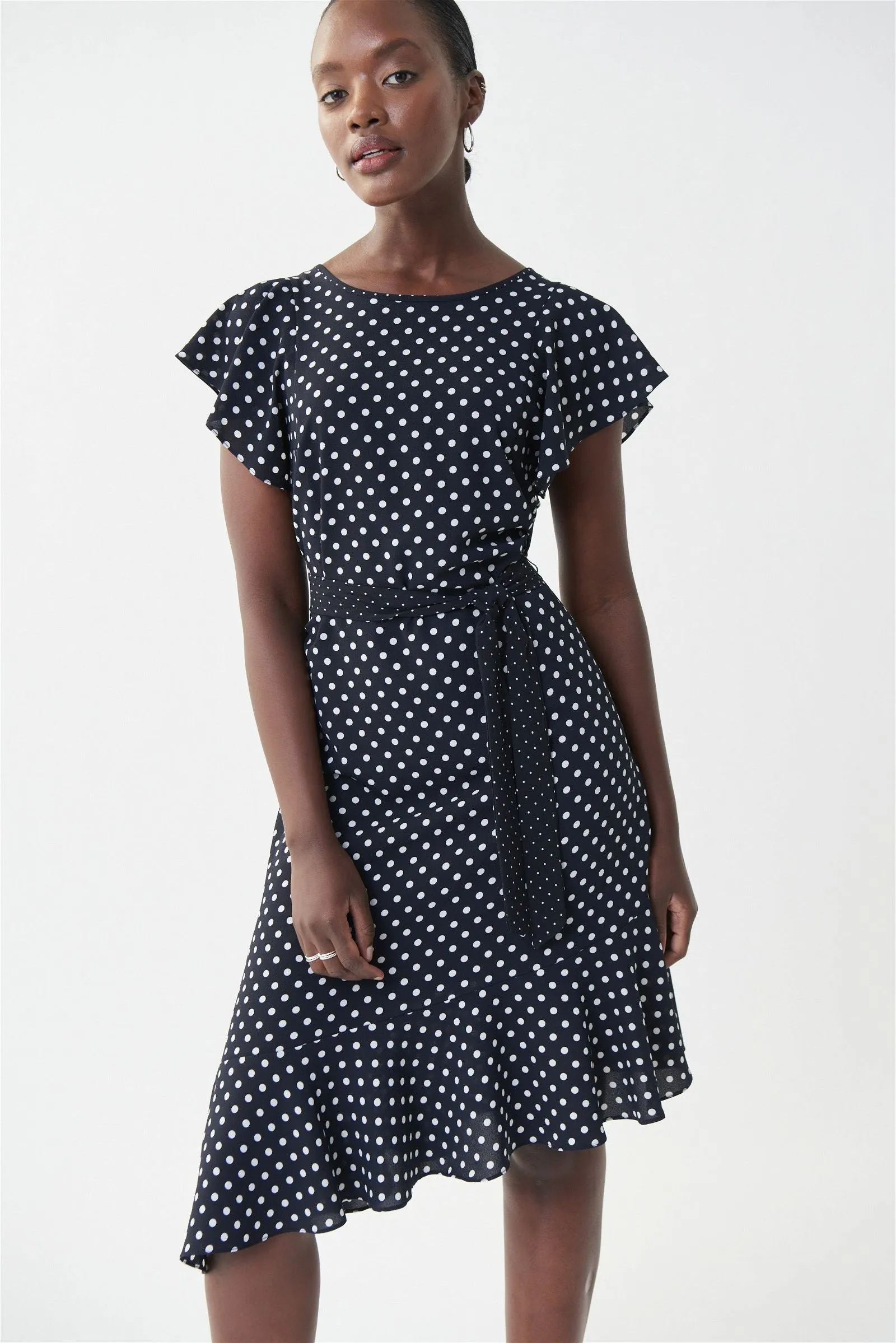 Joseph Ribkoff Midnight Vanilla Dot & Ruffle Dress Style 222212