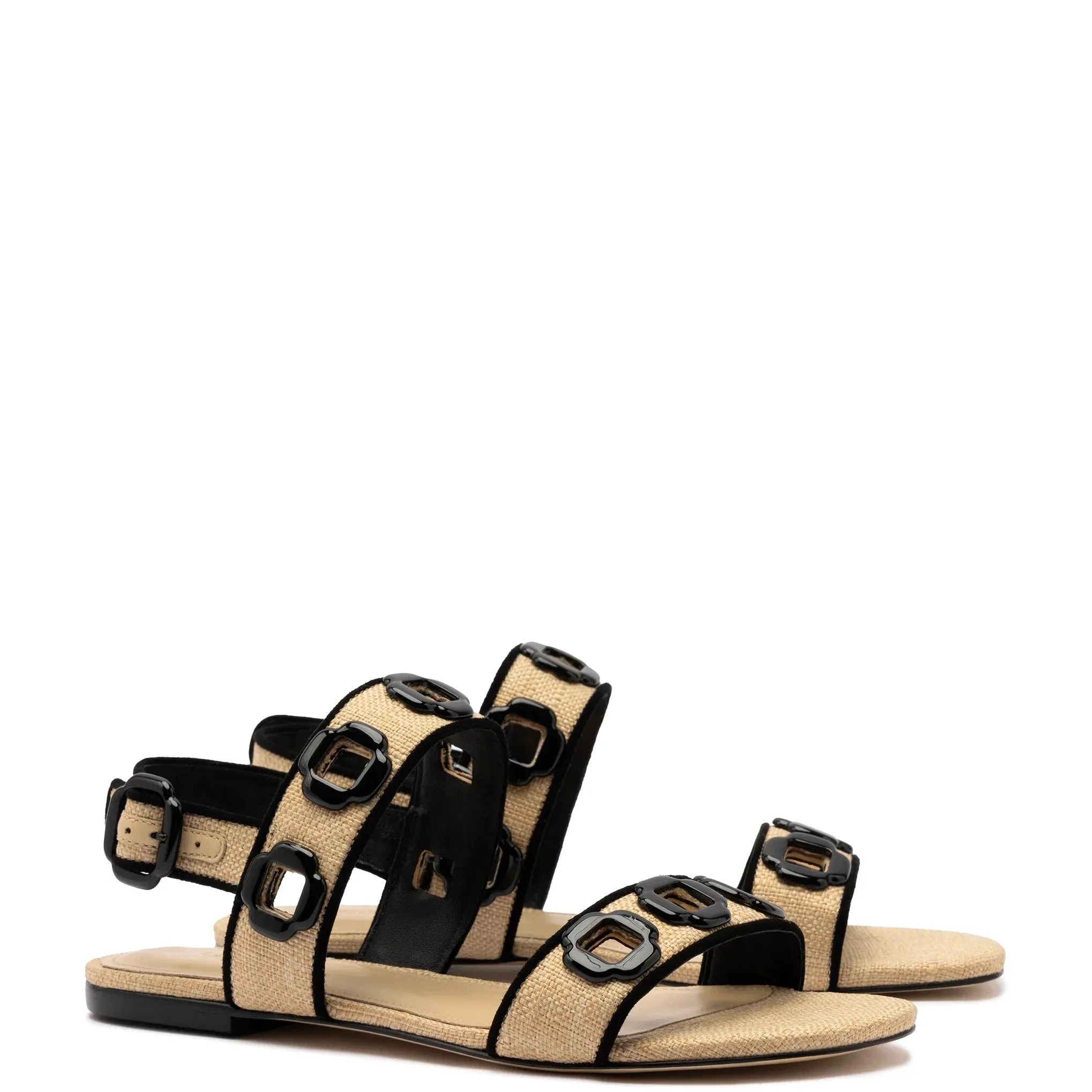 Larroude Milan Flat Sandal In Beige Raffia Black-Trim