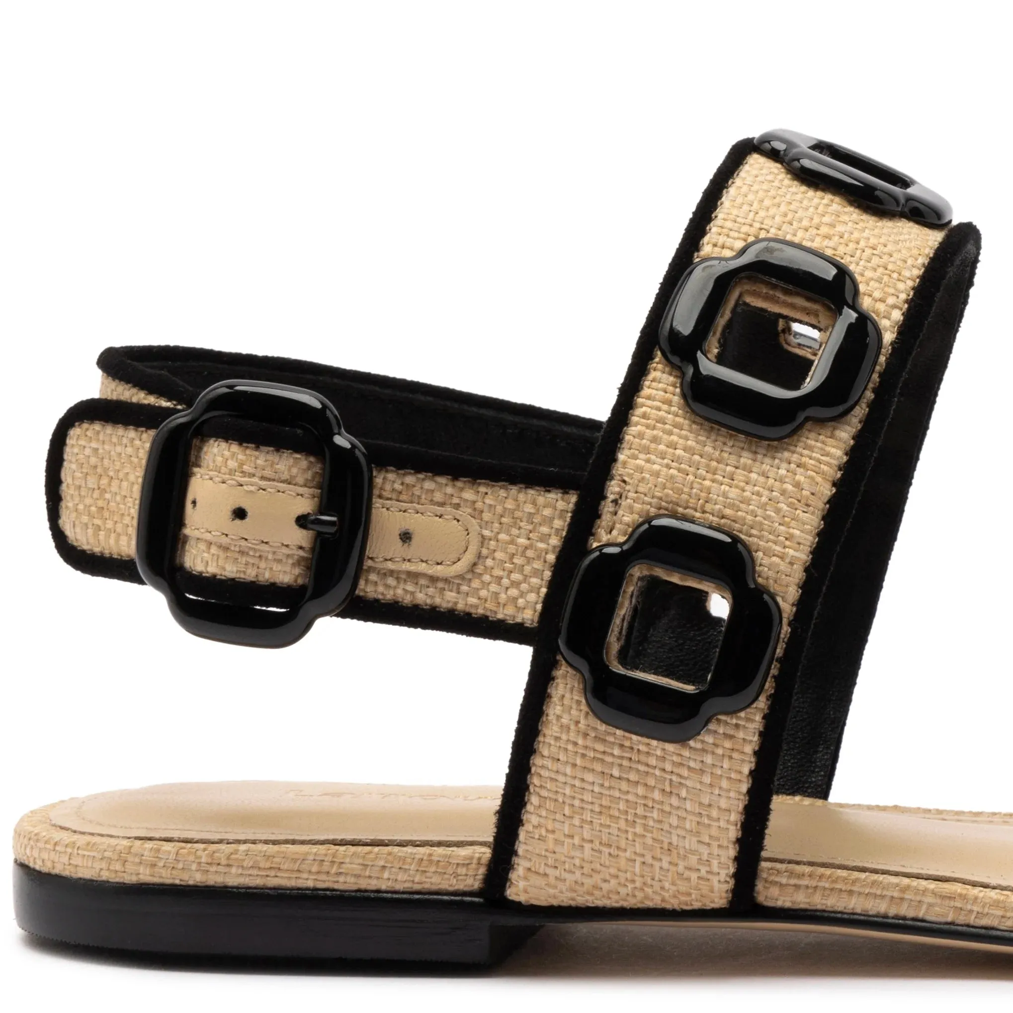 Larroude Milan Flat Sandal In Beige Raffia Black-Trim