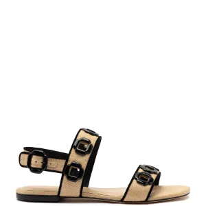 Larroude Milan Flat Sandal In Beige Raffia Black-Trim