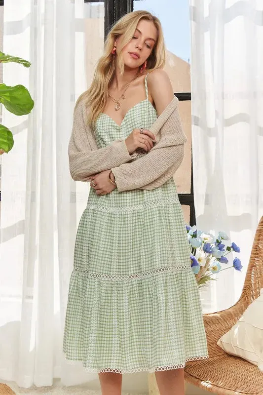 Light Green Gingham Tiered Midi Dress with Lace Detail