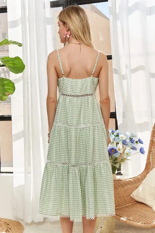 Light Green Gingham Tiered Midi Dress with Lace Detail