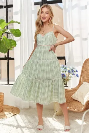 Light Green Gingham Tiered Midi Dress with Lace Detail