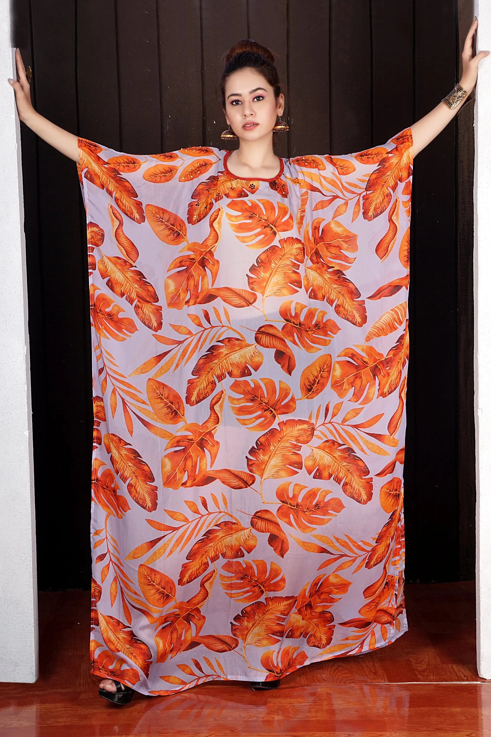 Luxe beach kaftan Dreamy Long Silk Kaftan with Embellished Autumn Leaves Design