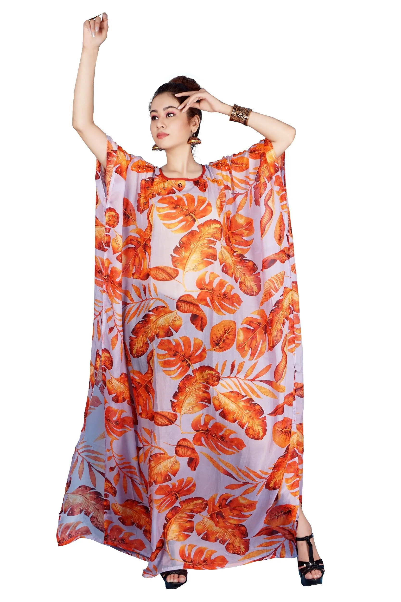 Luxe beach kaftan Dreamy Long Silk Kaftan with Embellished Autumn Leaves Design