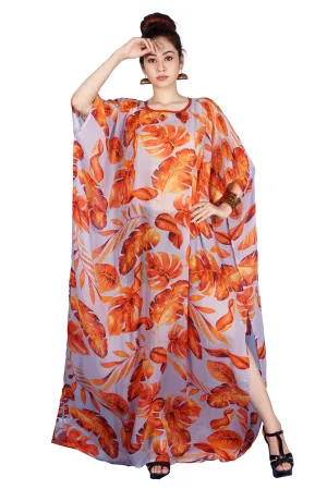 Luxe beach kaftan Dreamy Long Silk Kaftan with Embellished Autumn Leaves Design