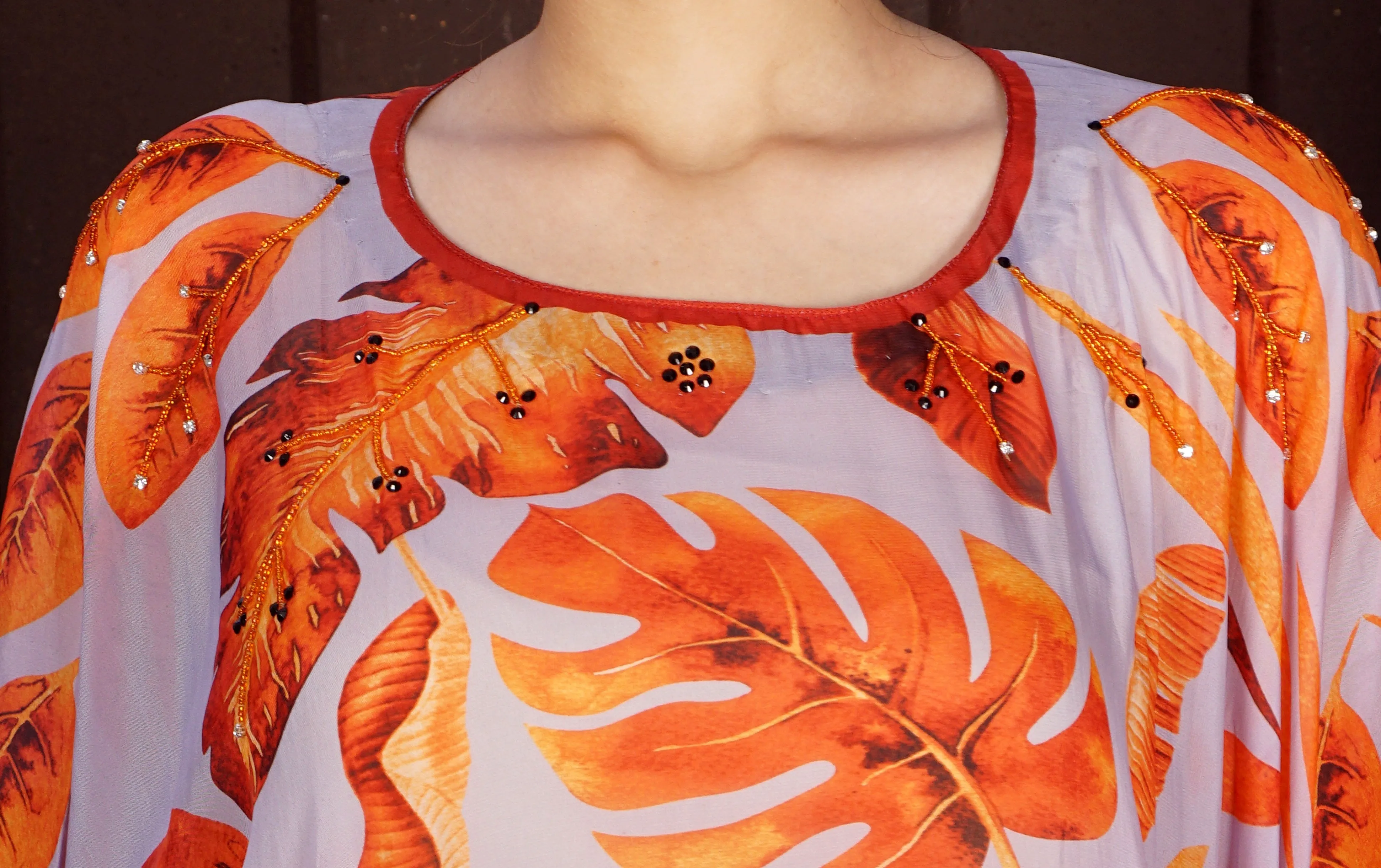 Luxe beach kaftan Dreamy Long Silk Kaftan with Embellished Autumn Leaves Design
