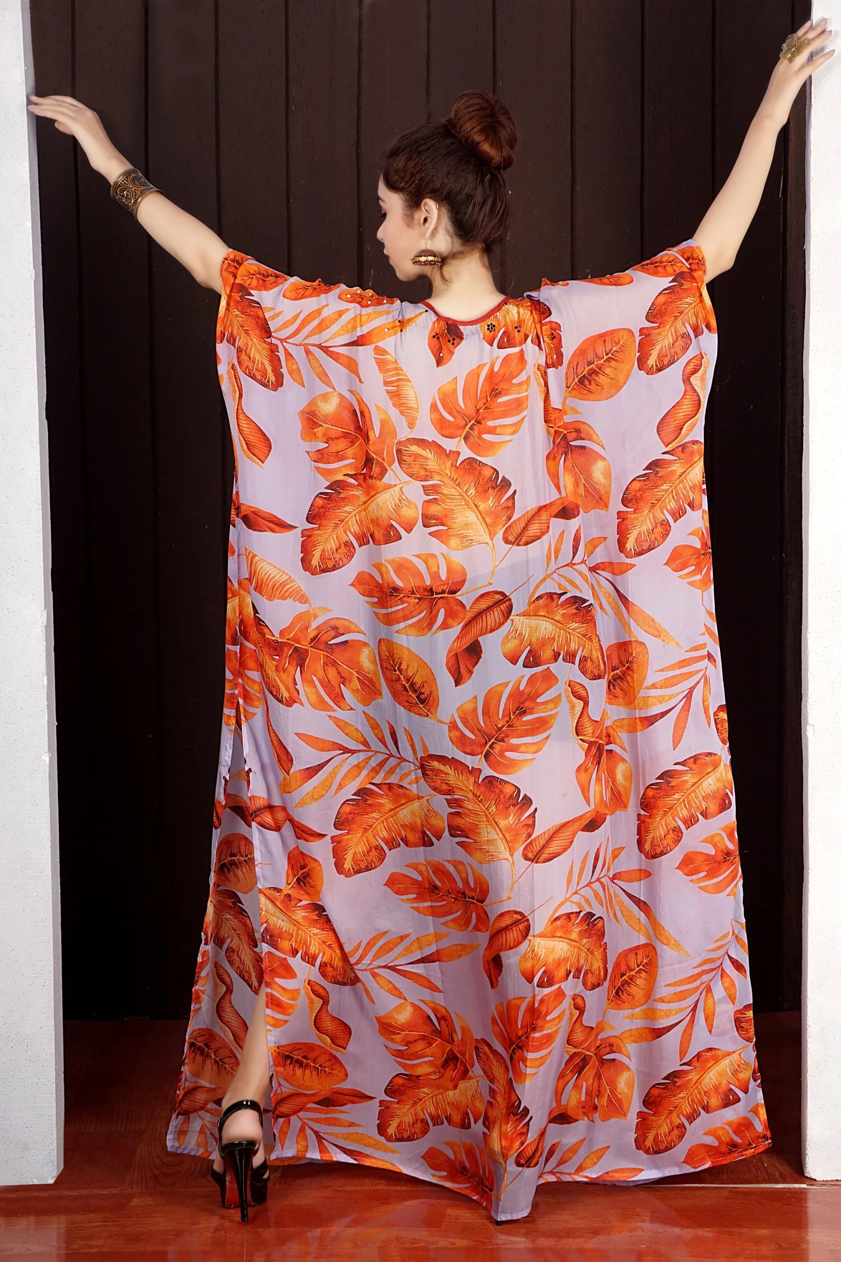 Luxe beach kaftan Dreamy Long Silk Kaftan with Embellished Autumn Leaves Design