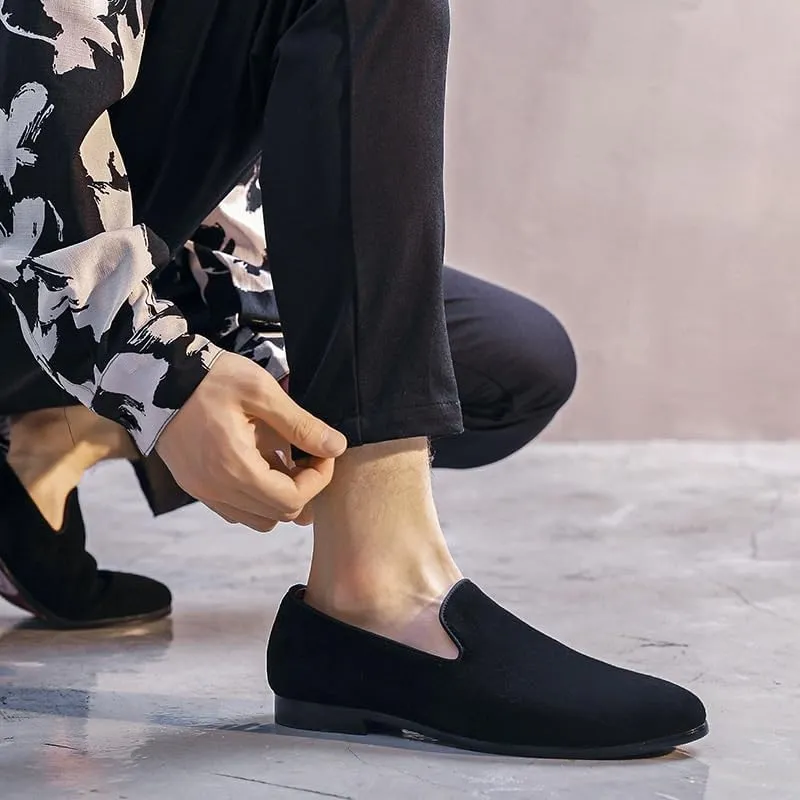 Men's Loafers - Lightweight Nubuck Leather Slip-Ons with Pointed Toe, Flexible Flat Heel, Casual & Party Wear, Comfortable Smoking Loafers