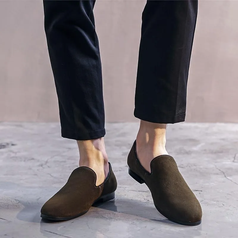 Men's Loafers - Lightweight Nubuck Leather Slip-Ons with Pointed Toe, Flexible Flat Heel, Casual & Party Wear, Comfortable Smoking Loafers