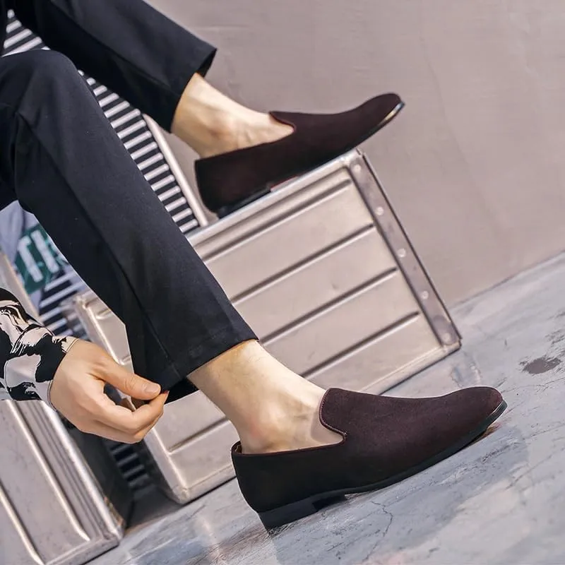 Men's Loafers - Lightweight Nubuck Leather Slip-Ons with Pointed Toe, Flexible Flat Heel, Casual & Party Wear, Comfortable Smoking Loafers