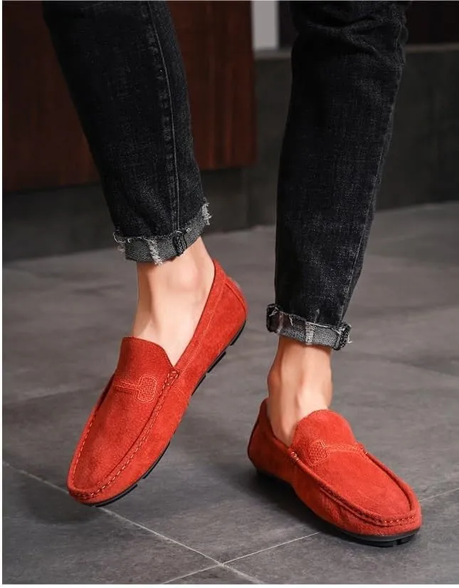 Men's Loafers Round Toe Suede Vamp Driving Loafers Flat Heel Lightweight Anti-Slip Party Slip-ons