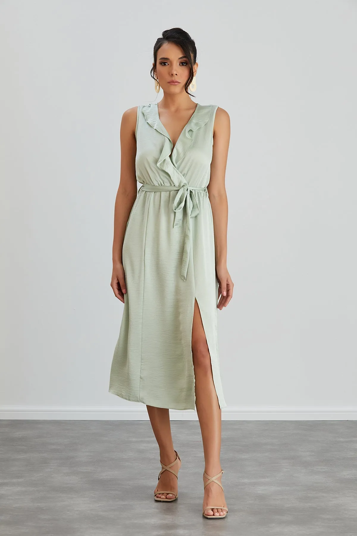 Mint Sleeveless Wrap Dress with Frill