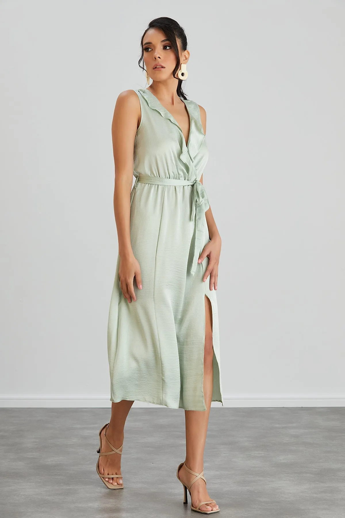 Mint Sleeveless Wrap Dress with Frill