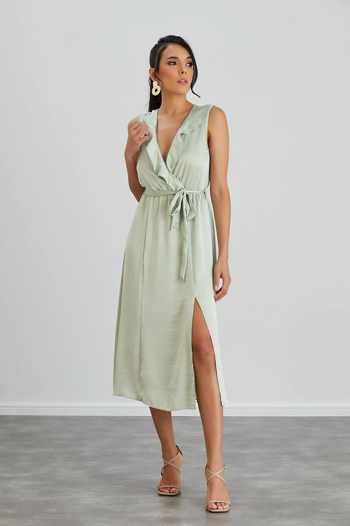 Mint Sleeveless Wrap Dress with Frill