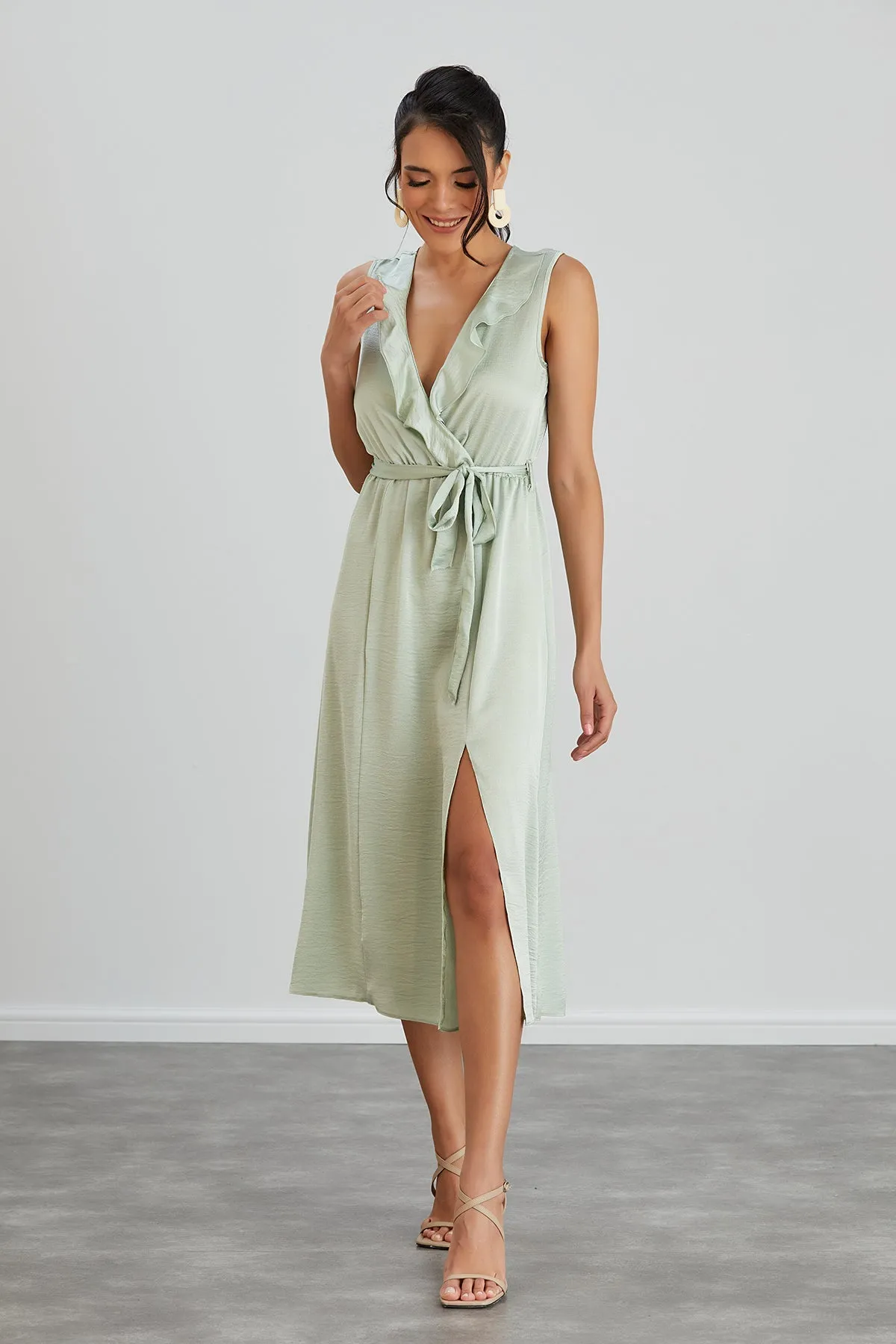 Mint Sleeveless Wrap Dress with Frill