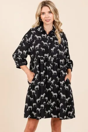 Mittoshop Black Zebra Print Button Down Shirt Mini Dress