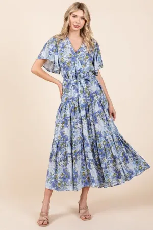 Mittoshop Floral Tie Waist Flutter Sleeve Tiered Dress In Dusty Blue