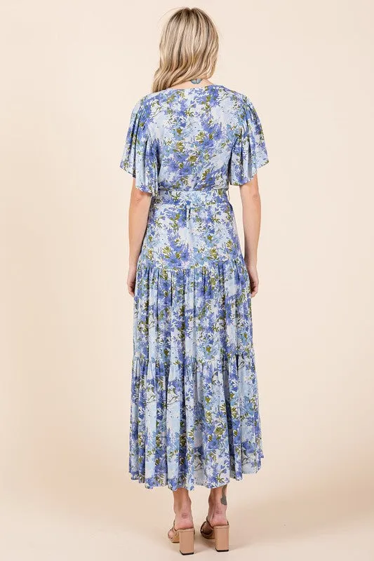 Mittoshop Floral Tie Waist Flutter Sleeve Tiered Dress