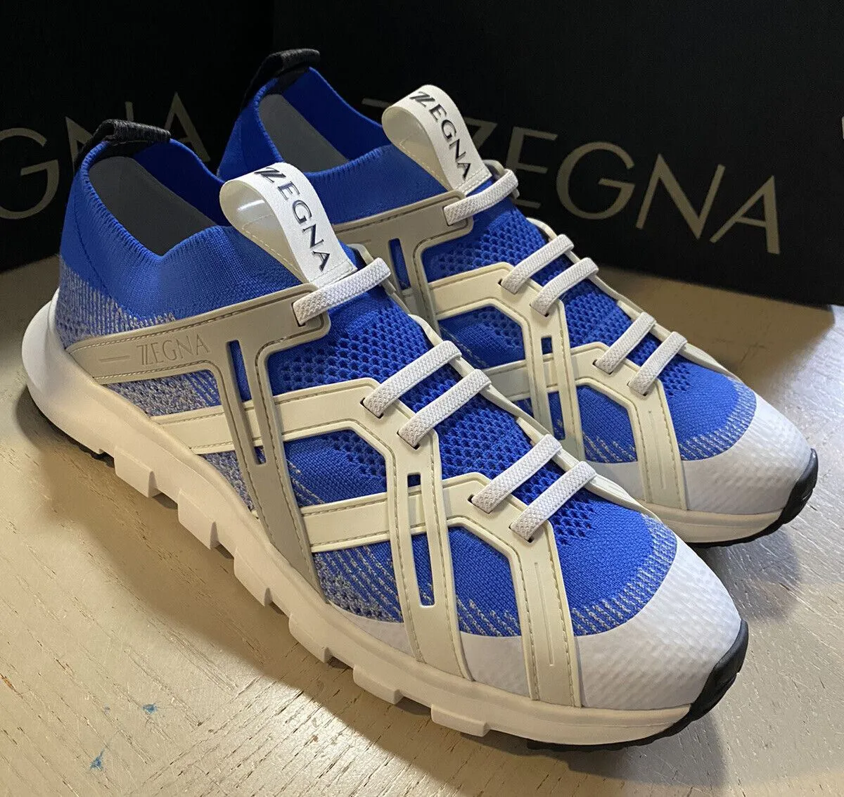 New $495 Z Zegna Men Sock Runners  Sneakers Shoes MD Blue/White 10.5 US/43.5 Eu