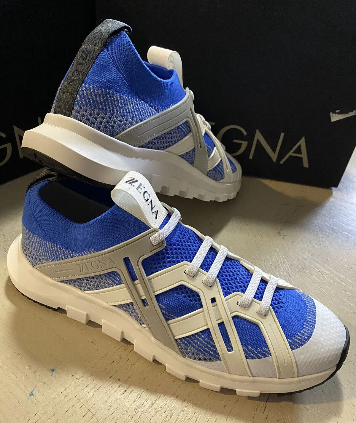New $495 Z Zegna Men Sock Runners  Sneakers Shoes MD Blue/White 10.5 US/43.5 Eu