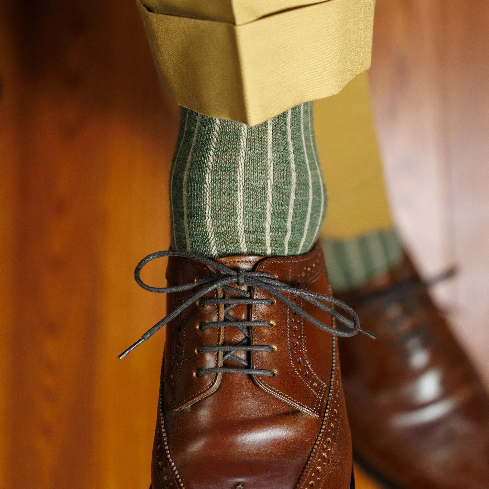 Olive and Tan Shadow Stripe Merino Wool Over the Calf Dress Socks