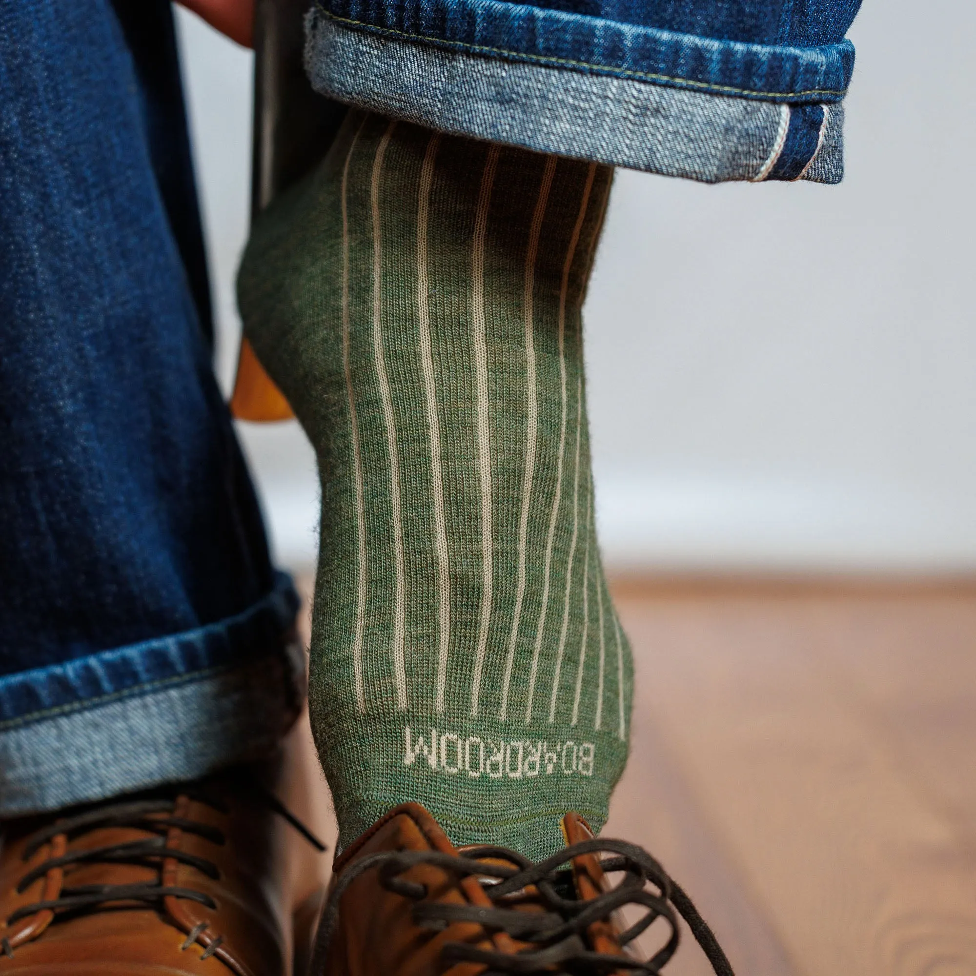 Olive and Tan Shadow Stripe Merino Wool Over the Calf Dress Socks