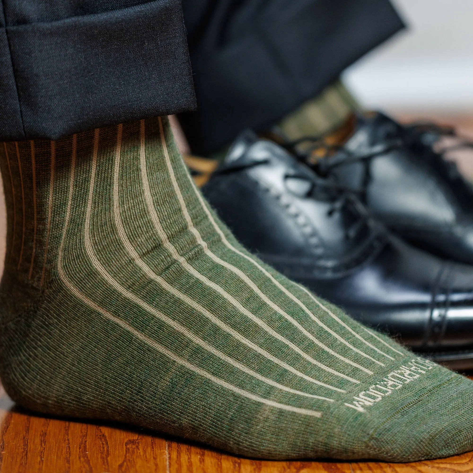 Olive and Tan Shadow Stripe Merino Wool Over the Calf Dress Socks