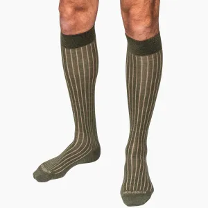 Olive and Tan Shadow Stripe Merino Wool Over the Calf Dress Socks