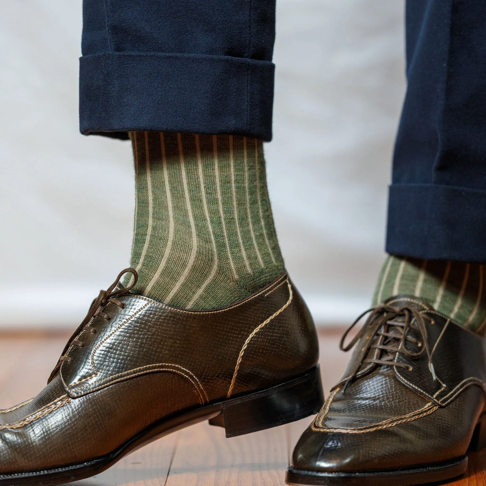 Olive and Tan Shadow Stripe Merino Wool Over the Calf Dress Socks