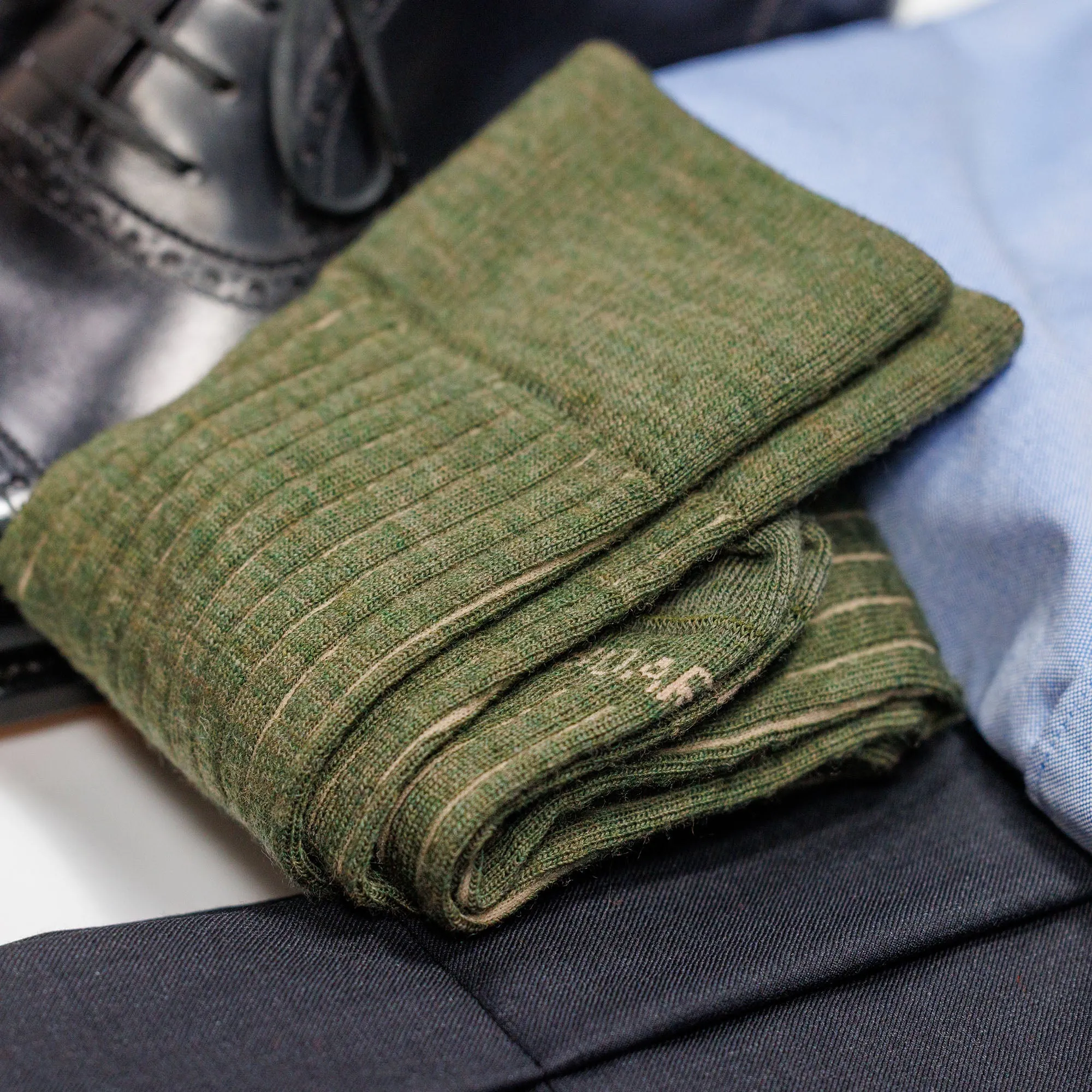 Olive and Tan Shadow Stripe Merino Wool Over the Calf Dress Socks