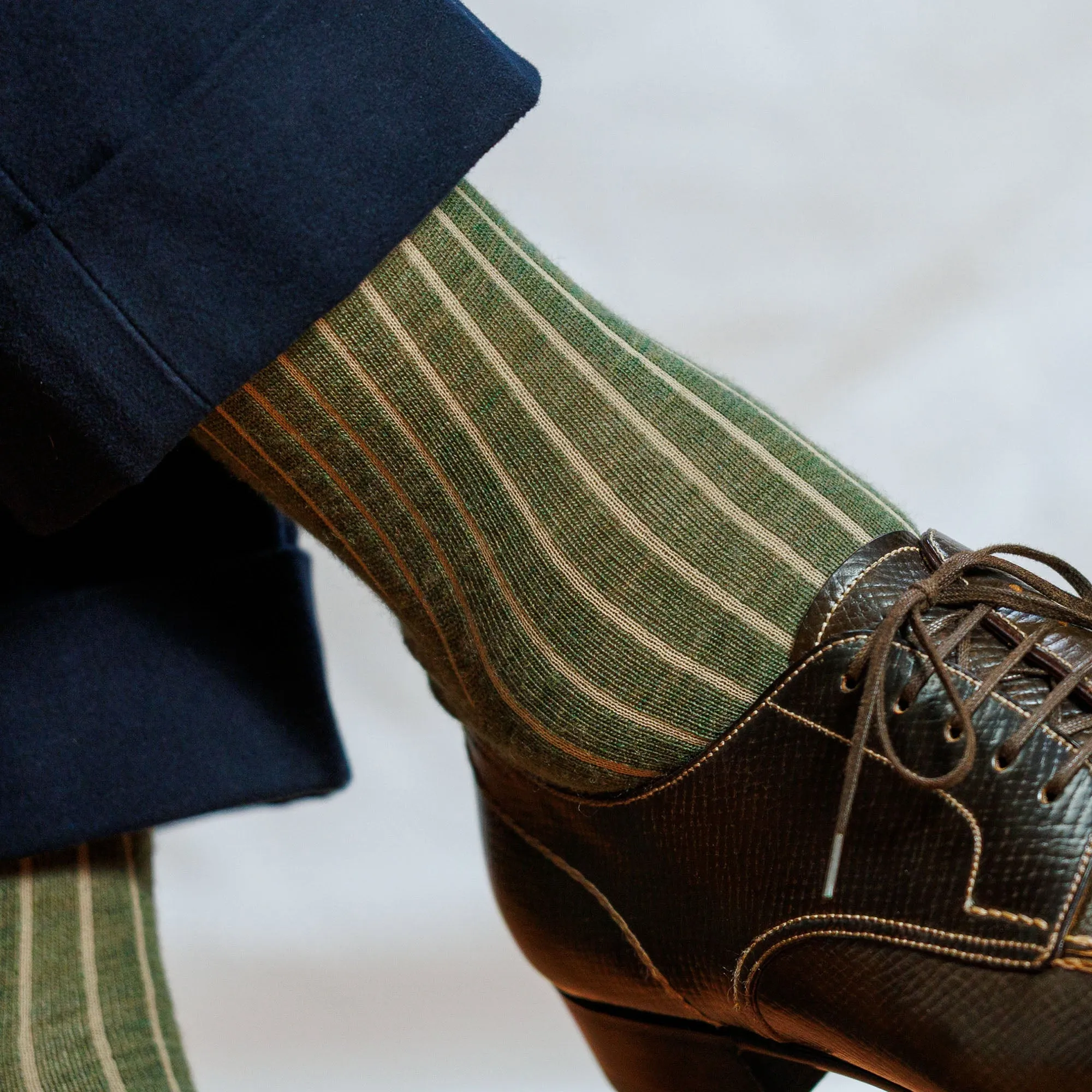 Olive and Tan Shadow Stripe Merino Wool Over the Calf Dress Socks